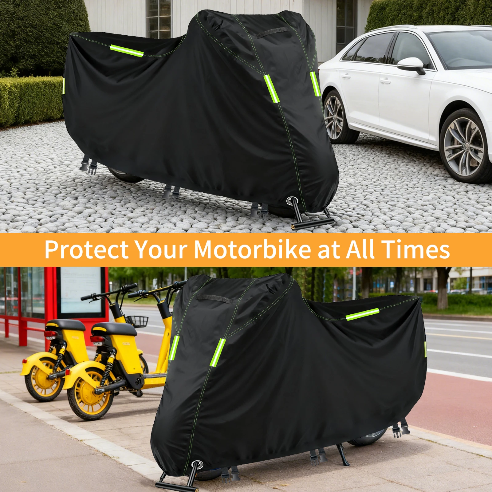 Funda impermeable moto 210D con tiras reflectantes, candado y bolsa - imagen 2