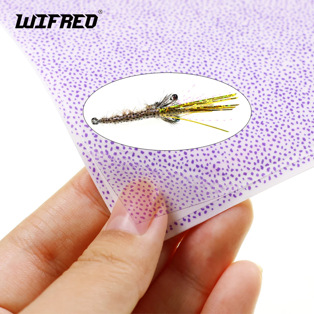 Wifreo 1/6 hojas de pesca de camarones/Scud, envoltura corporal para moscas, piel sintética translúcida y capa fina, diseño moteado, Material para atar moscas