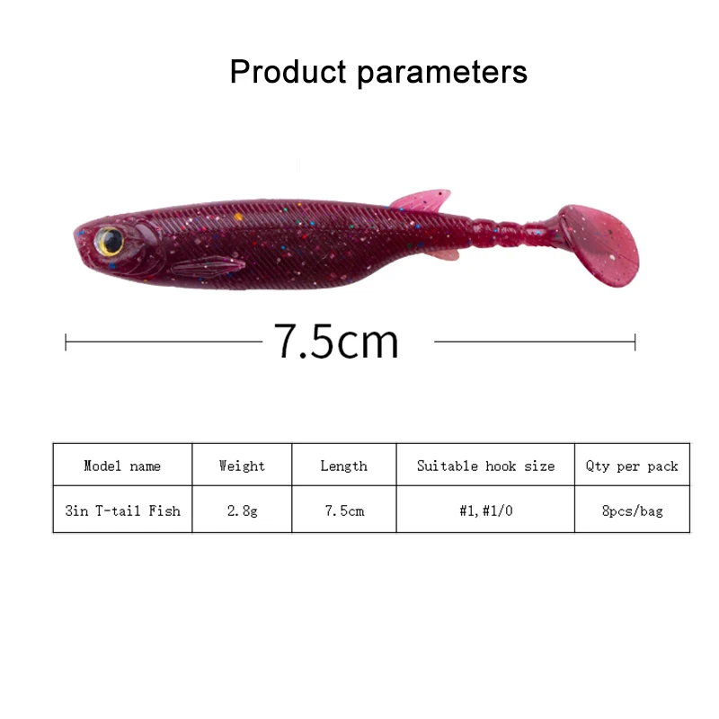 WATER SNIPER-Señuelos de Pesca de silicona, ojos de pez 3D, cola en T grande, Swimbait para pesca de Lucio, perca, 75mm, 8 Uds. - imagen 4