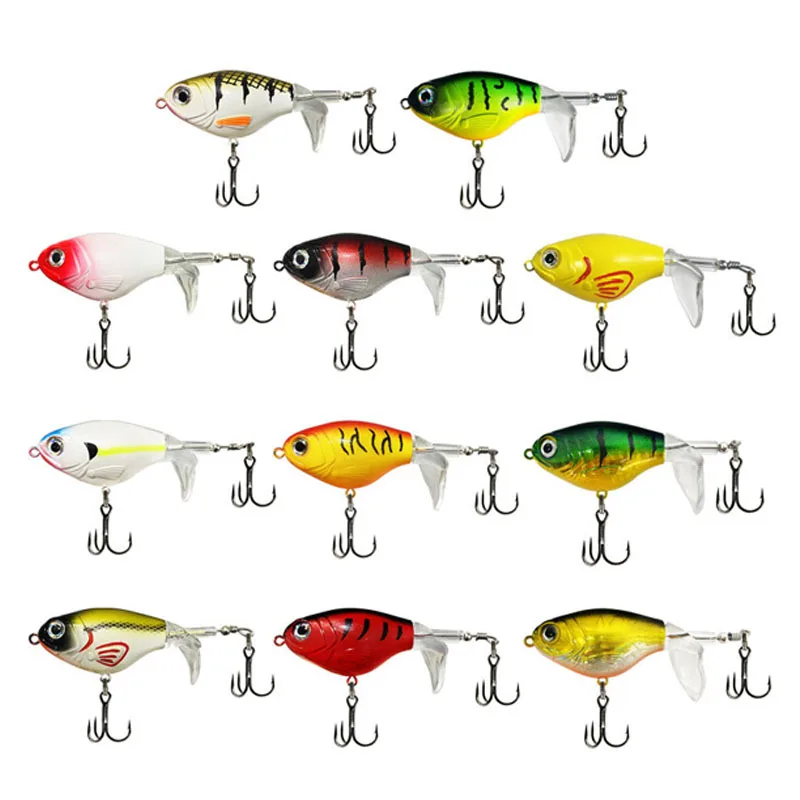 Señuelo de pesca Popper Topwater, 1 Uds., 10g/14g, Whopper Plopper, cebo duro de plástico Swimbait con cola suave giratoria para Lucio
