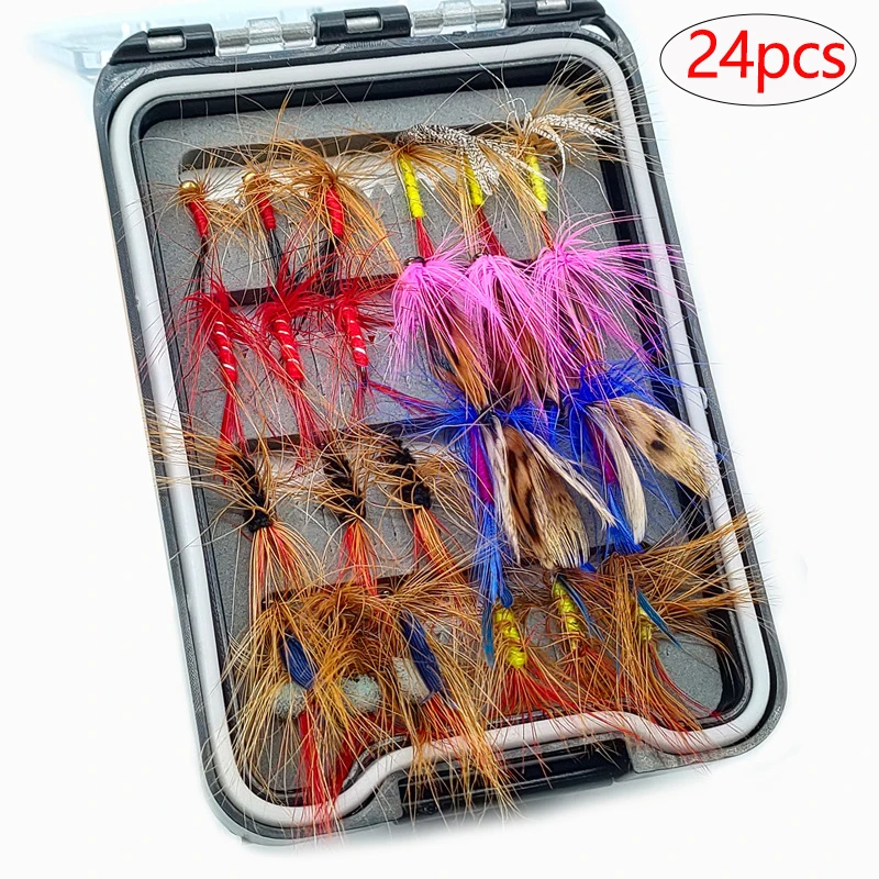 24 unids/caja insectos biónicos moscas Señuelos de pesca con mosca insectos artificiales pesca moscas cebos para salmón trucha con caja - imagen 2