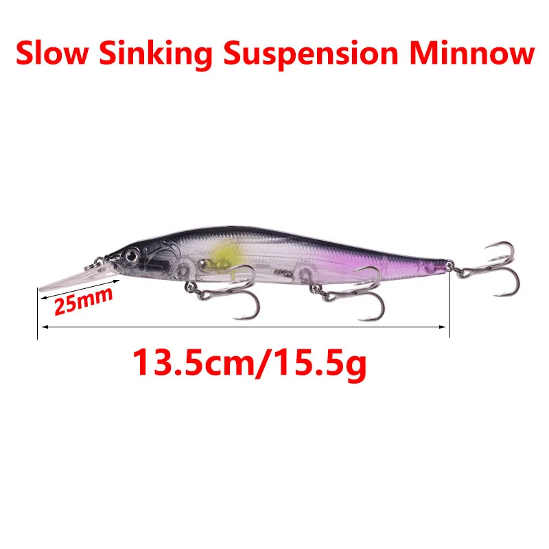 Un señuelo, concretamente un Minnow de suspensión de hundimiento lento. Es un tipo de señuelo de pesca diseñado para imitar la apariencia y movimiento de un pez pequeño. El señuelo está representado con un anzuelo en la cola, típico de los señuelos utilizados en la pesca.