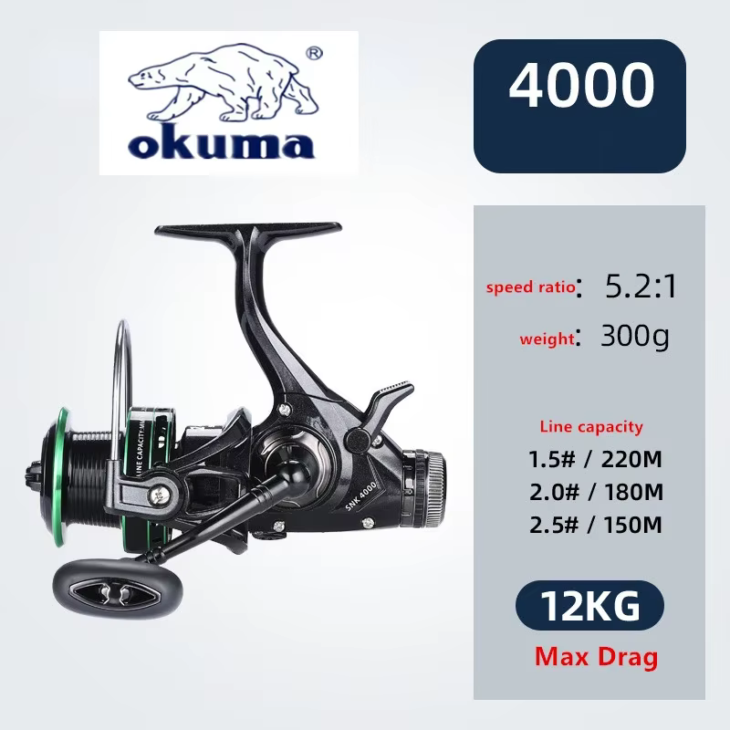 Carrete de pesca OKUMA de doble freno, relación de velocidad de arrastre 20Max 5,2: 1/14 + 1BB, rueda giratoria de copa de alambre totalmente metálico 3000-6000 - imagen 4