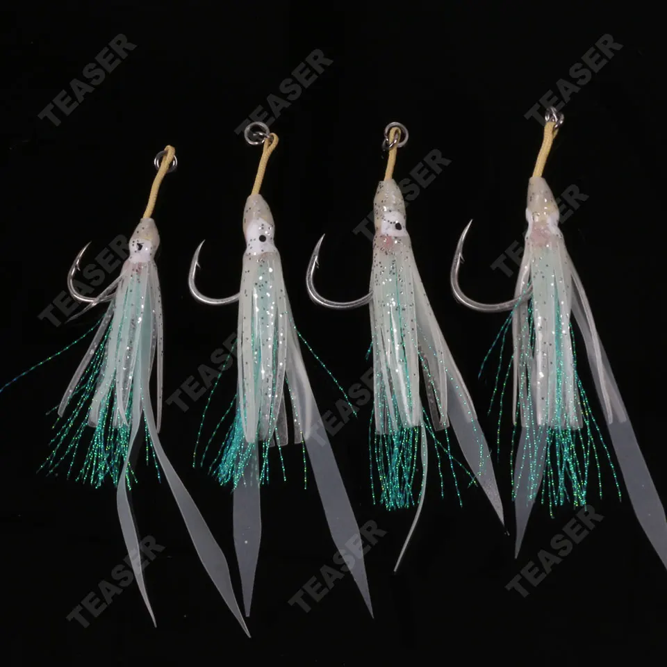 TEASER-anzuelos de pesca de Kevlar, anzuelos de calamar con falda de goma brillante, para agua salada, HK031, 3 unids/lote por bolsa, 2/0, 3/0, 5/0, 7/0 - imagen 4