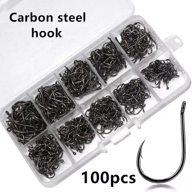 100 unids/caja # 3~ # 12 anzuelos de acero con alto contenido de carbono, anzuelos de pesca deportivos circulares plateados