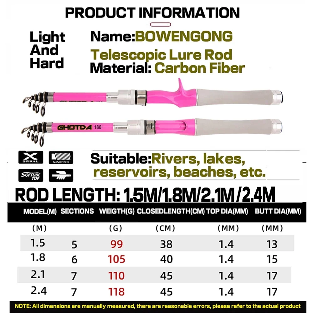 GHOTDA-caña de pescar portátil, señuelo telescópico de fibra de carbono, sección Mini 5/6/7/7, 1,5 m-2,4 m, ligero para estanque salado/agua dulce - imagen 5