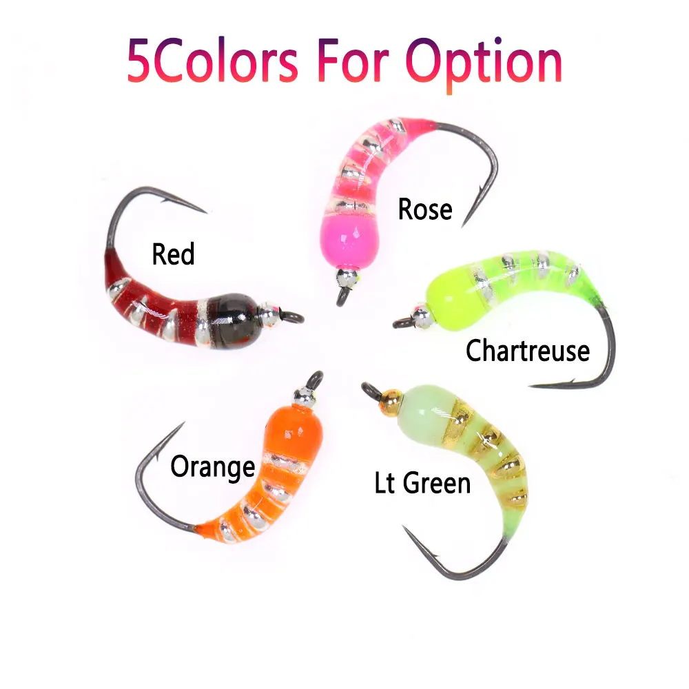 Bimoo 5 piezas 6 piezas # 6 # 8 # 10 # 12 Señuelos de pesca en hielo con cabeza de cuentas de latón de hundimiento rápido, gusano, Scud, Ninfa, mosca Caddis Pupa, mosca húmeda, trucha - imagen 4