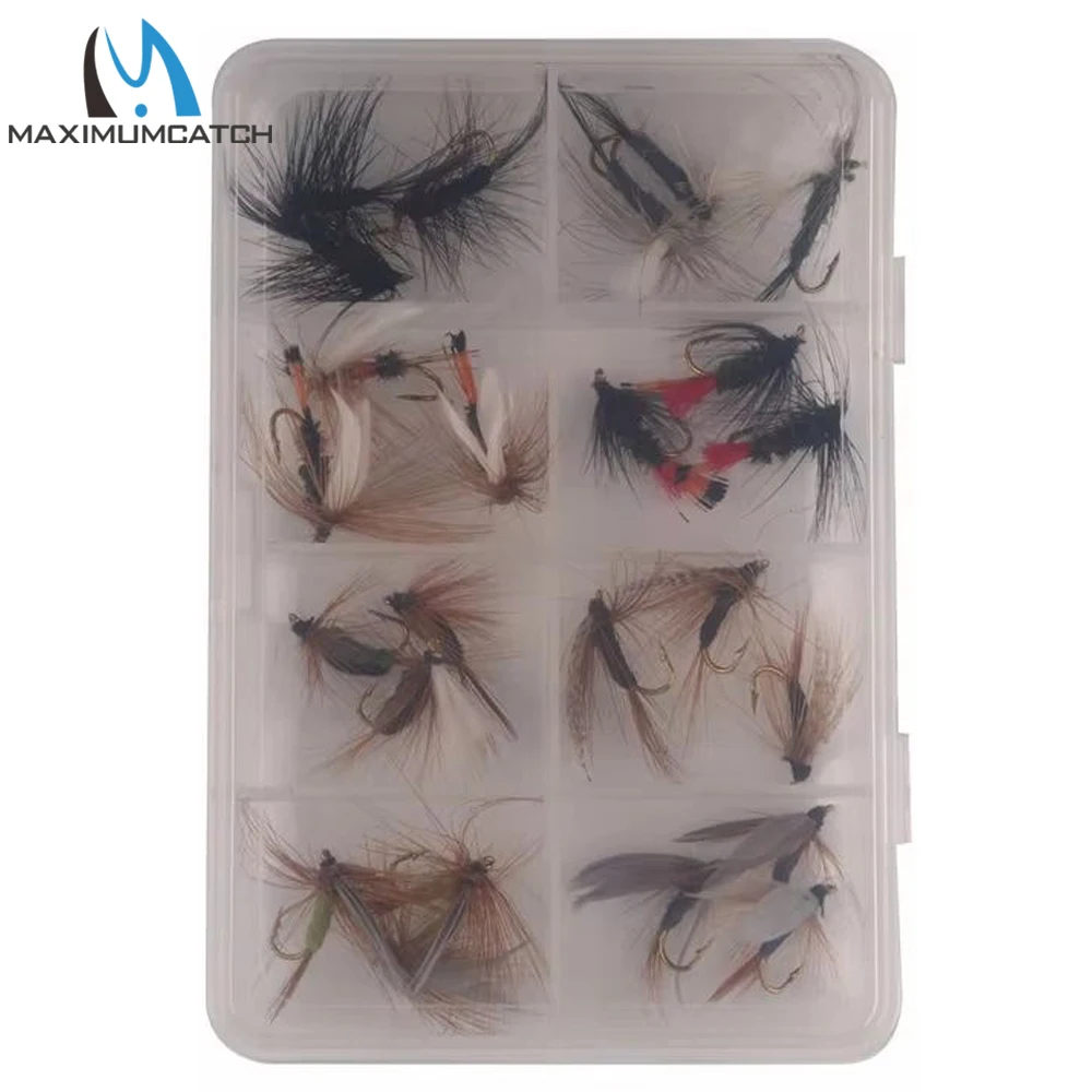 Maximumcatch-Juego de moscas de pesca con mosca seca, 18/24 piezas, con caja de plástico, señuelos con anzuelo de plumas para trucha y lubina, serpentina de ninfa surtida - imagen 3