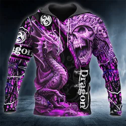 Sudadera con capucha cremallera 3D calavera rey dragón púrpura pesca