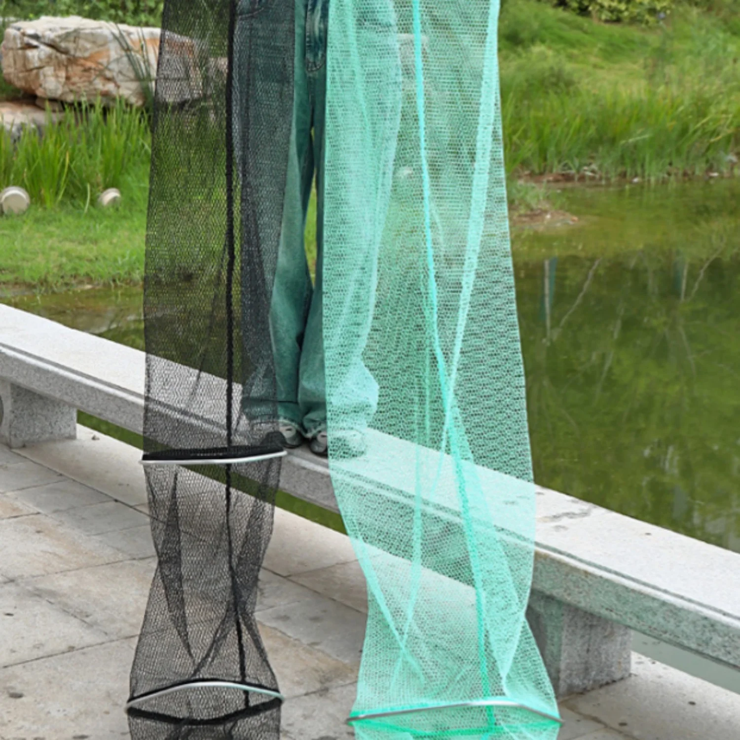 Red de pesca plegable portátil, bolsa de nailon duradera para peces vivos, bolsa larga Universal de secado rápido, accesorios de pesca al aire libre de malla para peces - imagen 2