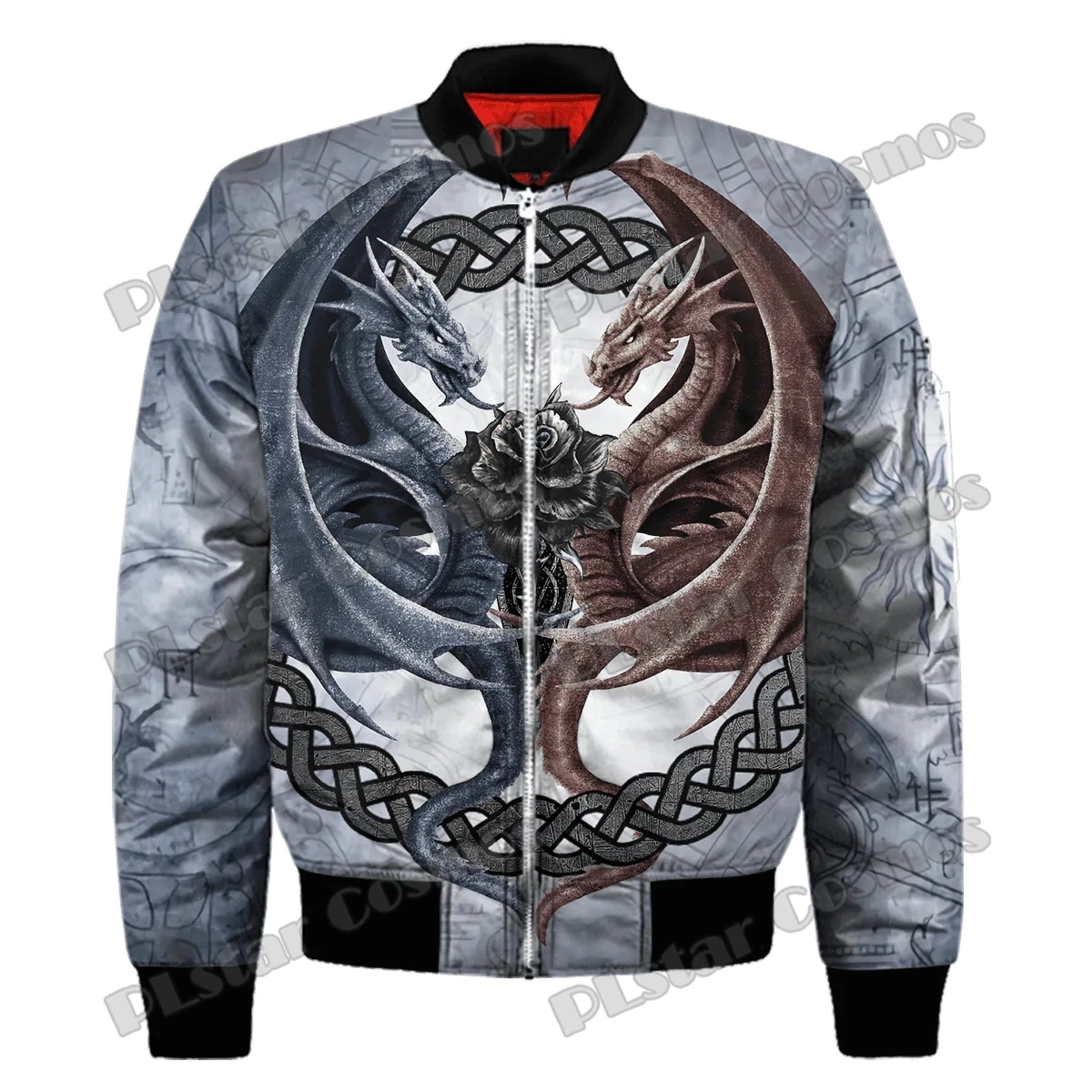 Chaqueta Bomber de invierno para hombre, dragón y Fénix, tatuaje de fuego de hielo, estampado 3D, abrigo grueso con cremallera y bolsillo, chaqueta informal cálida con cremallera, FX-10 - imagen 2