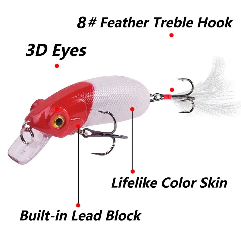 Señuelo de pesca de pececillo que se hunde, 6cm, 10g, manivela Wobbler, Crankbaits, cebo Artificial duro, lubina con anzuelo de plumas, aparejos de Lucio, 1 ud. - imagen 5