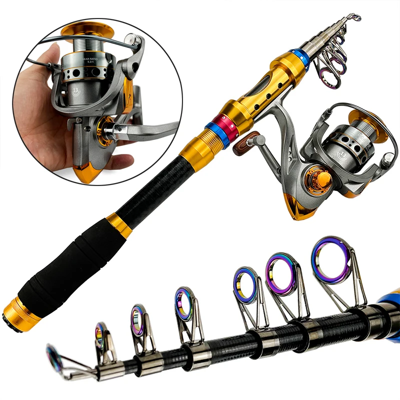 Caña de pescar con señuelo de fibra de carbono portátil ultraligera, carrete giratorio de arrastre máximo de 8KG, juego para principiantes y pescadores expertos, 4/5 secciones