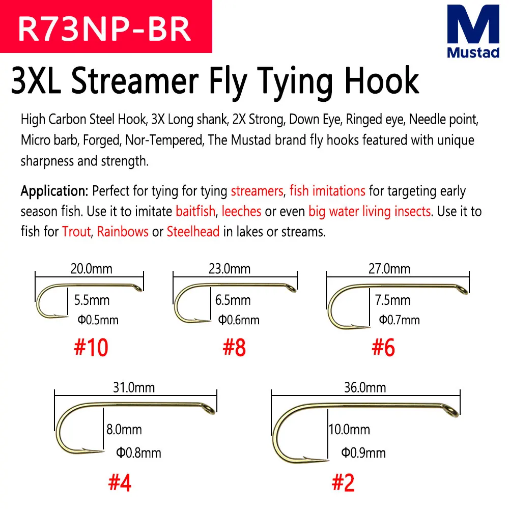 Mustad 50 Uds. Gancho de atado de moscas con púas de acero rico en carbono para serpentina de ninfa húmeda seca Caddis trucha salmón Steelhead Señuelos de pesca cebos - imagen 5