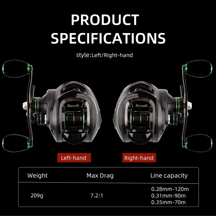 Carrete de pesca de arrastre Baitcasting máximo de 8KG, relación de velocidad 7,2: 1, freno magnético de alta velocidad, rueda de pesca de fundición - imagen 3