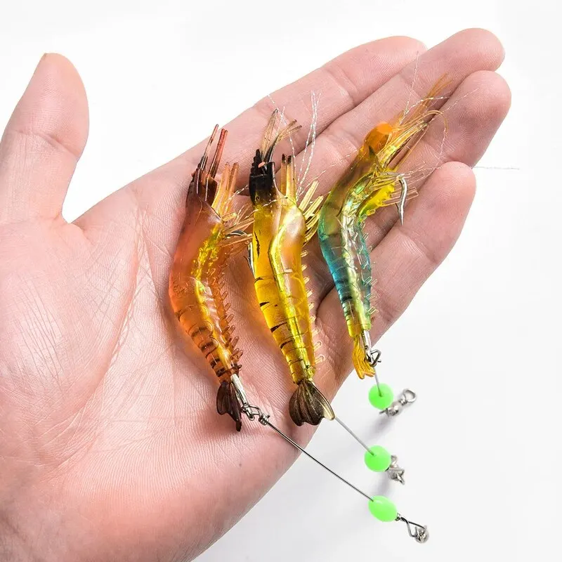 7 unids/lote señuelo de pesca suave de camarones 9cm/6g cebo Artificial con cuentas luminosas gancho giratorio señuelo de camarón realista cebo de pesca de carpa - imagen 4