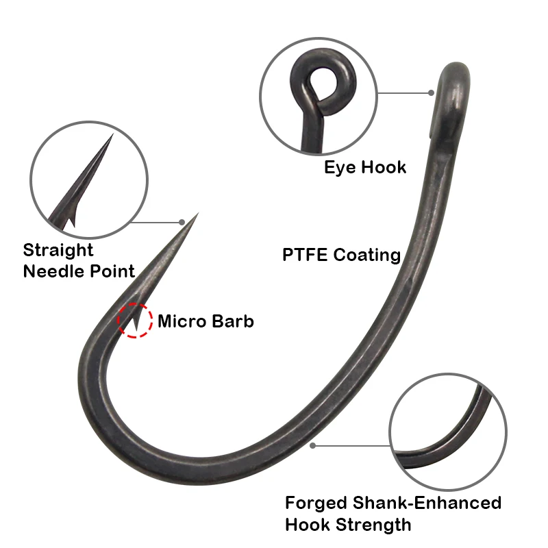 Anzuelo de pesca con revestimiento de PTFE, vástago de Cruve, acero inoxidable con alto contenido de carbono, tamaño de púas 4/6/8, accesorios de aparejos de gancho de ojo, 10 piezas - imagen 3
