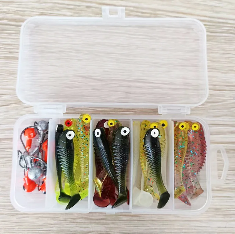 30 Uds señuelo de Pesca suave 5,5 cm T cola gusano 10 Uds anzuelo de cabeza de Jigging 3,5g plantilla de Metal Pesca de carpa Swimbait Kit de equipo cebo - imagen 3
