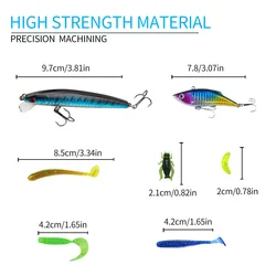 Kit de pesca con señuelos duros, vinilos y anzuelos giratorios