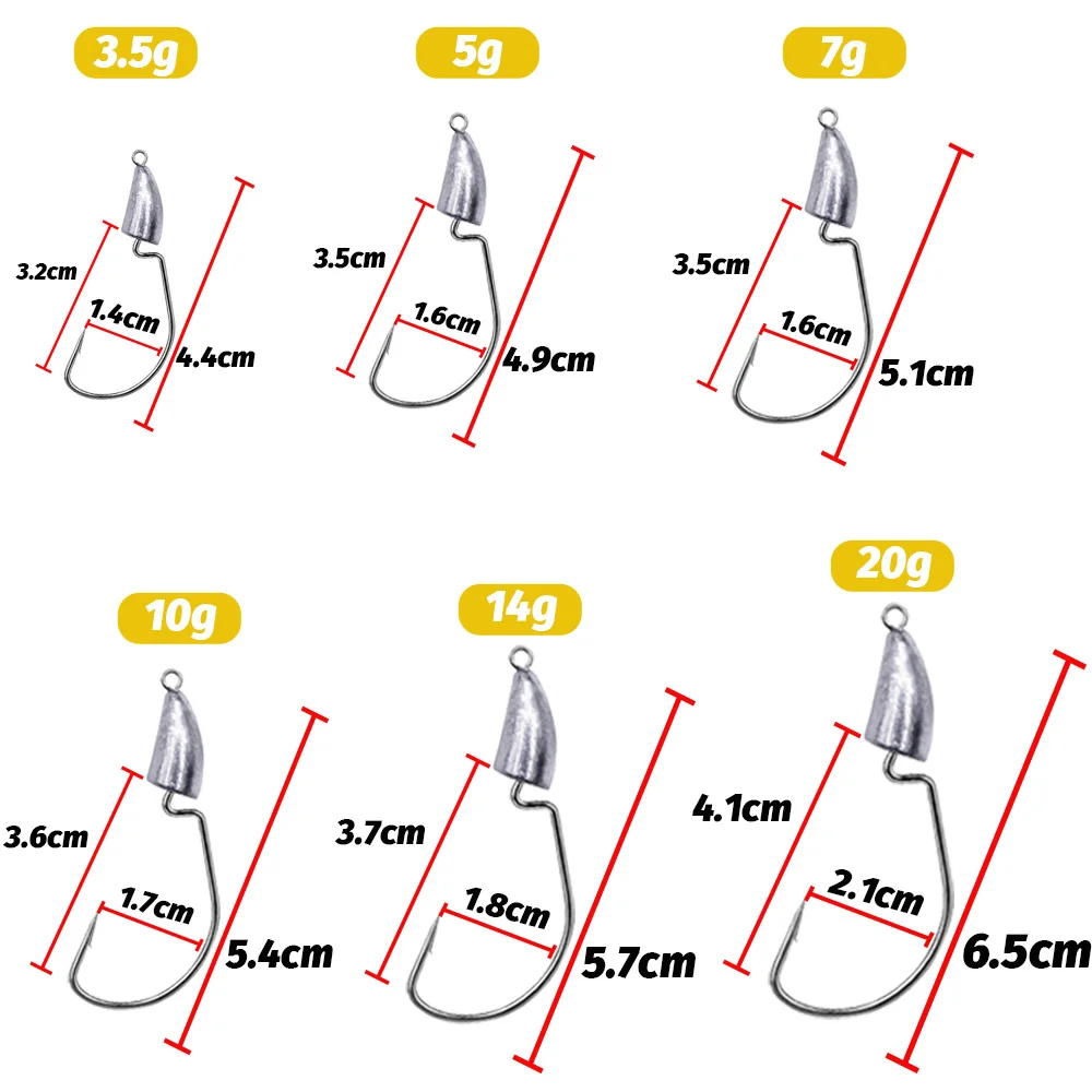 Anzuelo de gusano con cabeza de anzuelo de Metal, 10 Uds., 3,5g, 5g, 7g, 10g, 20g, manivela de peso, equipo de anzuelo, plomo, Pesca para señuelo suave, aparejos de Pesca Texas Rig - imagen 3