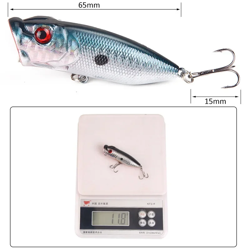 Cebo Popper de 6,5 cm de longitud, señuelos de pececillo de pesca multicolores, Wobblers, cebo duro Artificial para pesca en el mar con 2 anzuelos triples - imagen 5