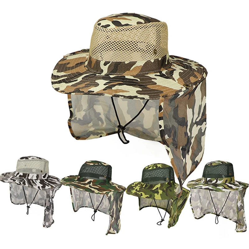 Sombrero de pescador de camuflaje al aire libre para hombre, sombrilla de pesca transpirable, malla ocular, protector solar para montañismo - imagen 3
