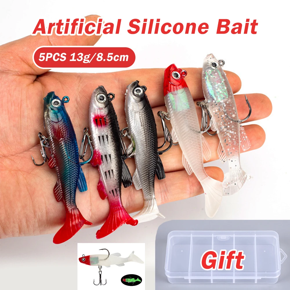 Señuelos de silicona blandos Wobbler, cebo Artificial, señuelo de pesca de silicona, lubina, carpa, pesca, cuchara de plomo, plantilla, aparejos de señuelo, 5 uds.
