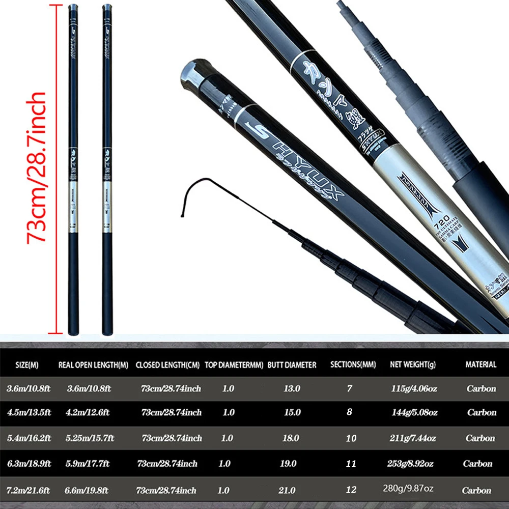 Caña de pescar telescópica GHOTDA, 3,6 m, 4,5 m, 5,4 m, 6,3 m, 7,2 m, caña de pescar manual de fibra de carbono, caña duradera para Pesca de carpa - imagen 4