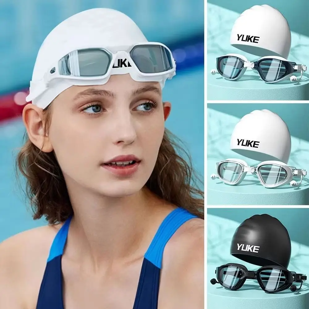 Juego de gafas de natación antivaho para adultos con Clip para la nariz con tapones para los oídos, gorro de natación de silicona, gafas de buceo impermeables de visión amplia para verano