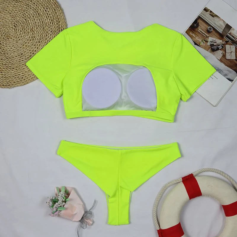 Traje de baño de manga corta para mujer, Bikini de cintura alta, conjunto de dos piezas, trajes de baño de cuello alto, corte Sexy, sin espalda, traje de Surf - imagen 5