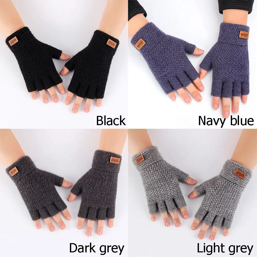 Manoplas elásticas cálidas de invierno para oficina, guantes de medio dedo para conducir, guantes sin dedos de lana de Alpaca tejidos - imagen 5