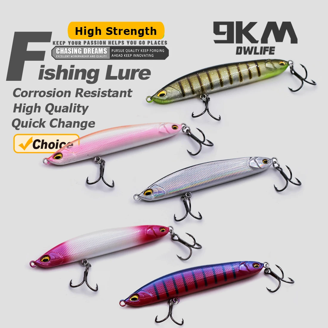 Señuelos tipo lápiz de pesca de 9KM que se hunden, señuelos duros de pesca de agua salada de 9,5 ~ 19g con anzuelos triples