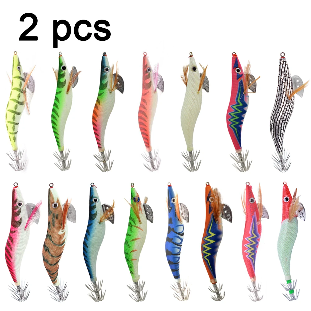 Señuelo de pesca de madera de primera calidad, anzuelo de calamar, diseño realista de camarones y sepia, cebo duro para agua salada y dulce, 2 uds.