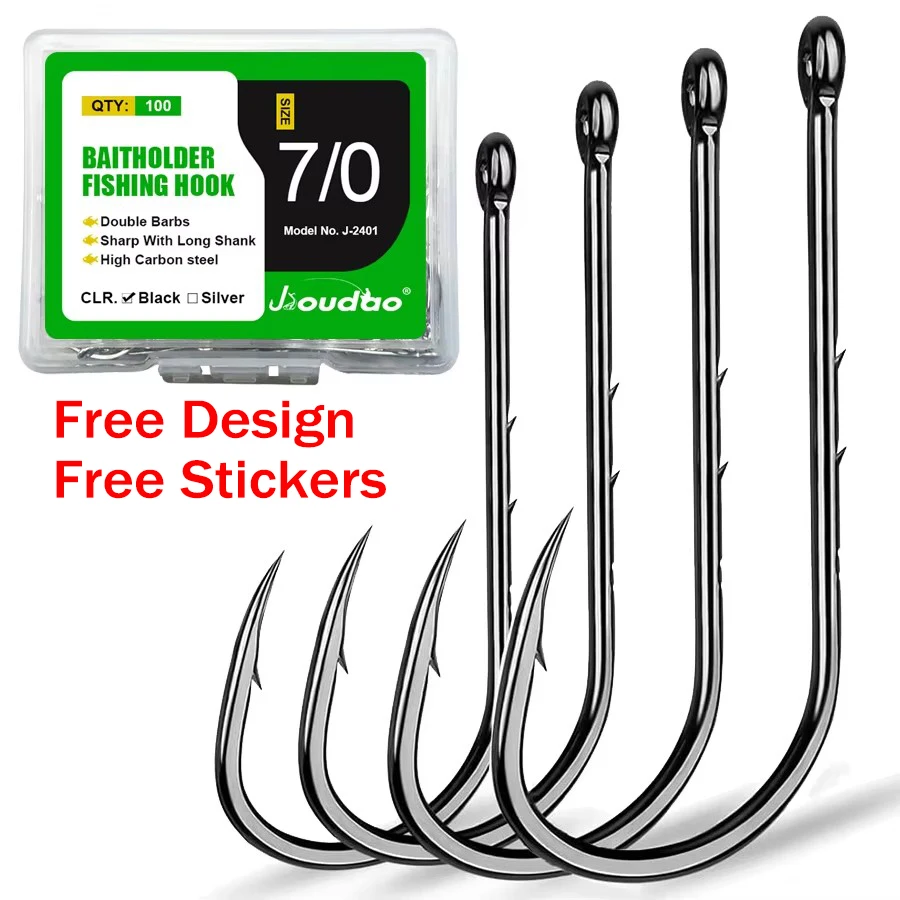 100 unids/caja Baitholder anzuelos de pesca tamaño 1/0 2/0 3/0 4/0 5/0 6/0 7/0 8/0 anzuelo de pesca de vástago largo anzuelos de soporte de cebo con púas