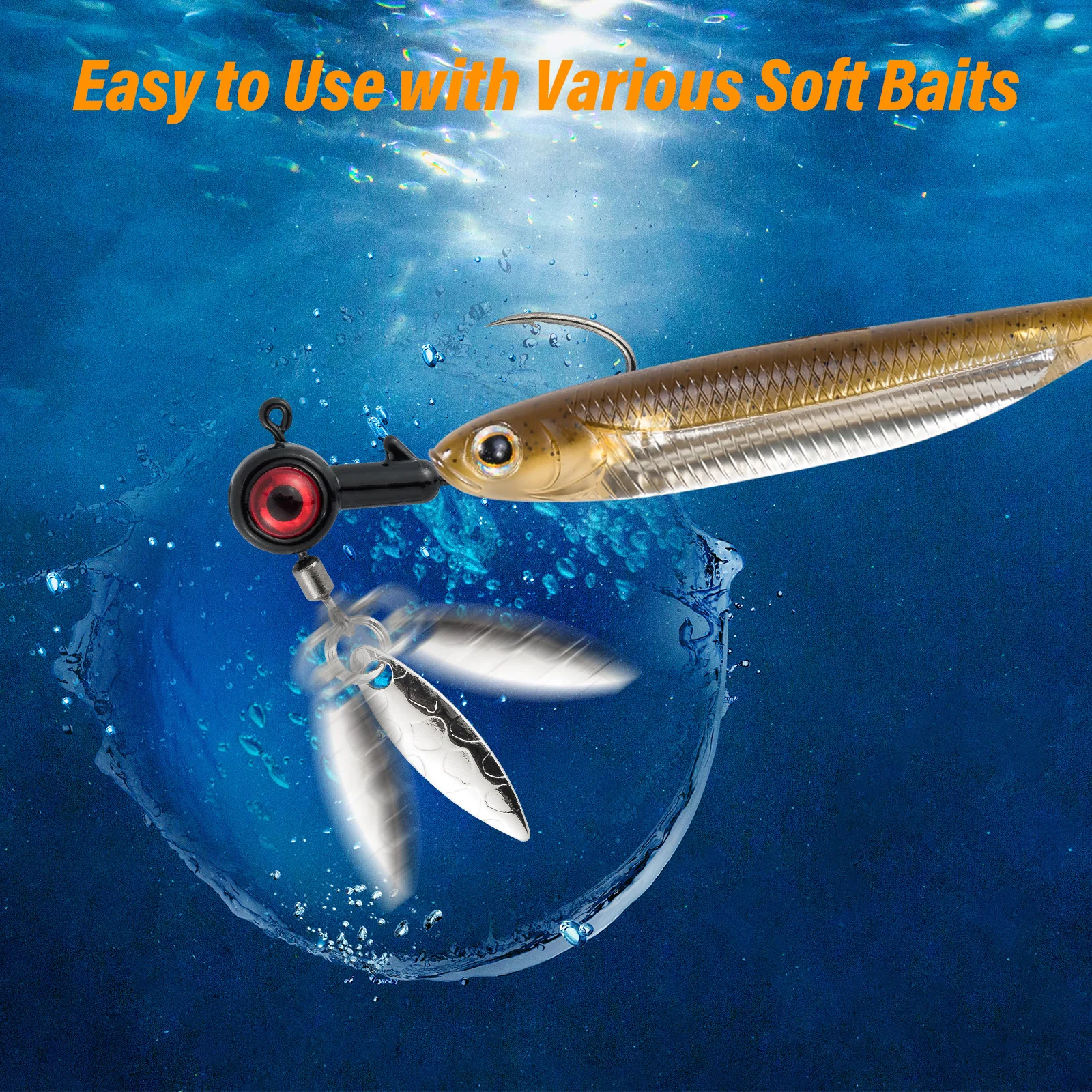 Anzuelo de cabeza plomada con hoja giratoria, 5 piezas, 1,75g, 3,5g, ojos 3D para señuelo suave, gusano, lubina, trucha, agua salada - imagen 2