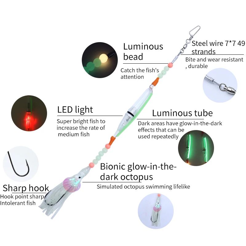 ZYZ 2 unids/bolsa anzuelos de aparejo de cola de pelo con luz LED calamar luminoso cebo suave a presión y línea de acero anzuelos de pulpo de cola de pelo - imagen 3