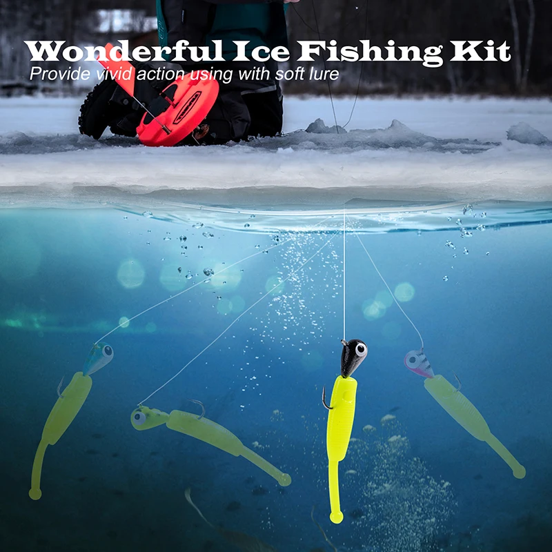 Goture 18 unids/set plantillas de tungsteno señuelo para pesca en hielo fregadero cebo luminoso rápido Artificial señuelo de pesca de invierno con 10 Uds señuelos blandos - imagen 4