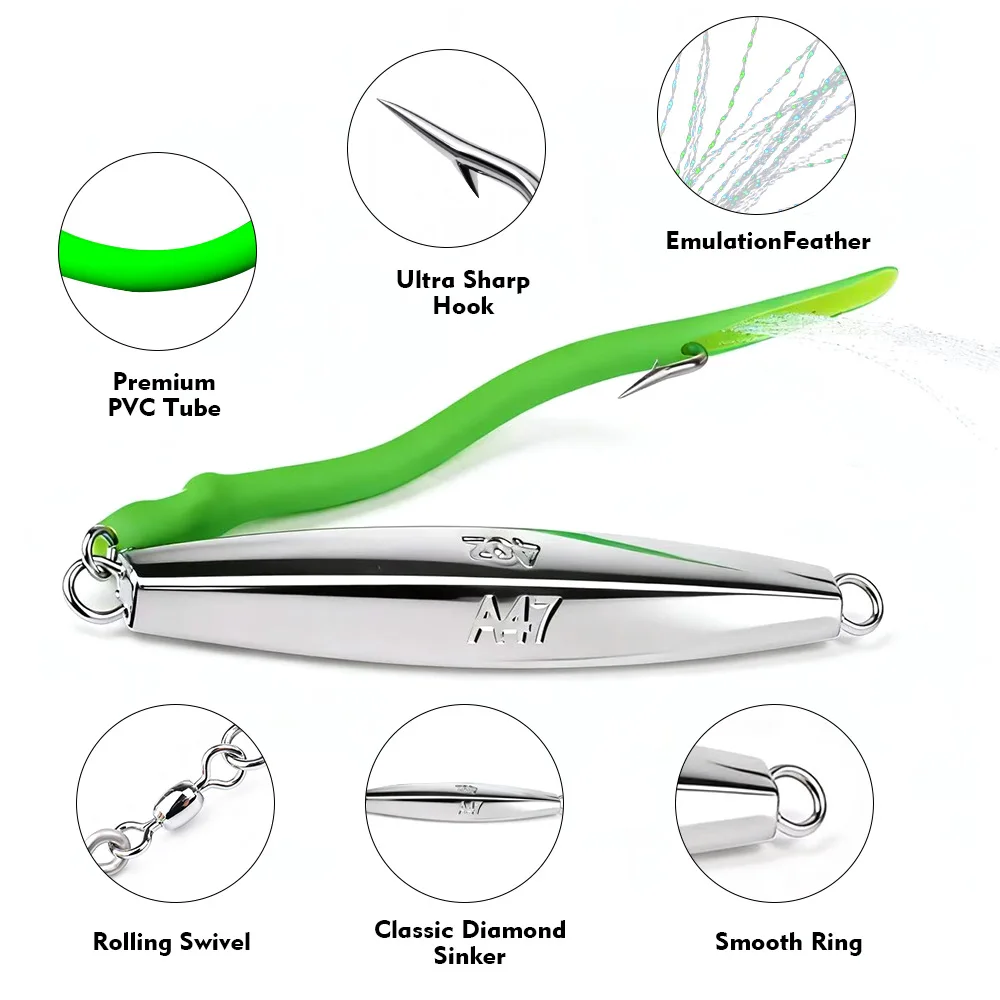 Plantilla de Metal de plomo para pesca, señuelo de larga distancia con pluma, anzuelo individual, barco de pesca de mar, caballa, lubina, atún, 1 ud. - imagen 2