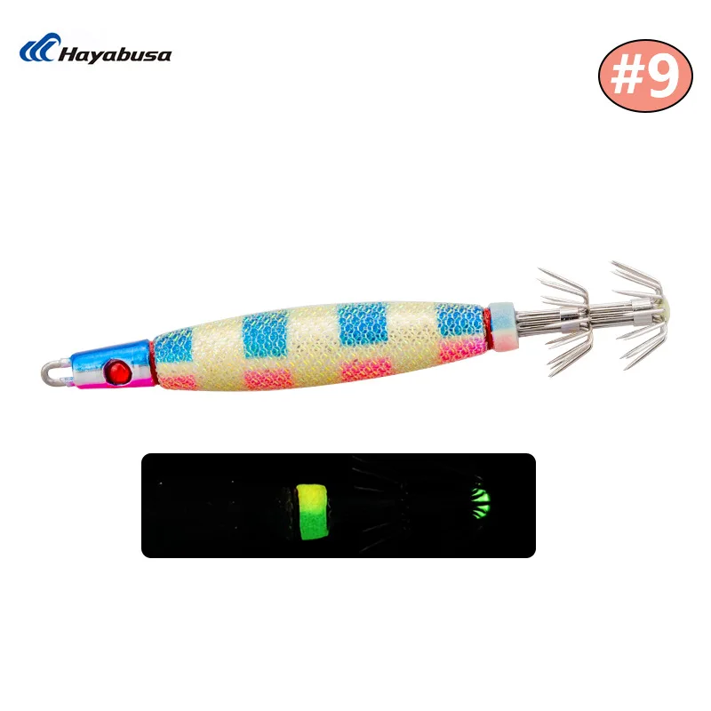 Anzuelo de calamar japonés HAYABUSA, camarón de madera con luminoso 56g/75g/93g/113g, anzuelo de calamar cohete de 11 colores, gancho de pesca de tubo de soplado - imagen 5