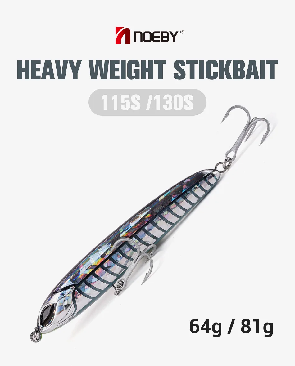 Experimente la emoción de la pesca con el StickBait de peso pesado Noeby diseñado para carretes de 115 y 130, con un peso de 64 g o 81 g