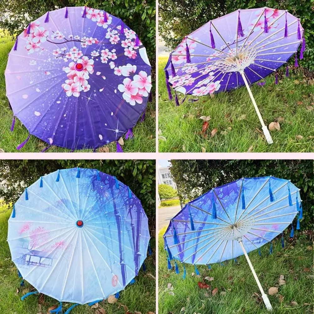 Abanico de paraguas de 56cm, tela de seda de estilo antiguo chino, Cosplay Hanfu, paraguas de papel al óleo, borla, 10 colores, paraguas de baile - imagen 3