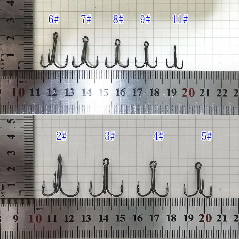 100 unids/lote anzuelos 2 #   4 #   6 #   8 #   10 #   Anzuelo de pesca negro, anzuelo triple volteado de acero rico en carbono, accesorios de pesca, productos para lubina - imagen 4
