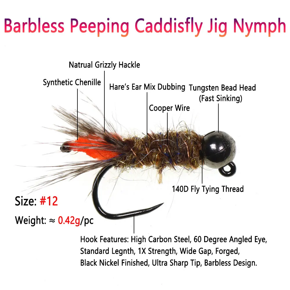 3 piezas # 12 cabeza de cuentas de tungsteno de hundimiento rápido sin púas Peeping Caddisfly Jig Ninfa oreja de liebre Dub Wet Euro Ninfa Tout señuelo de pesca - imagen 2