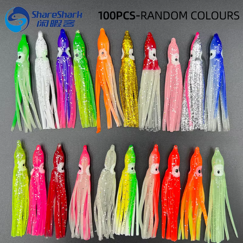 100 Uds 5-12cm 20 colores mezclados señuelo de pesca de calamar brillante goma suave pulpo falda de calamar cebo lubina atún pesca de carpa