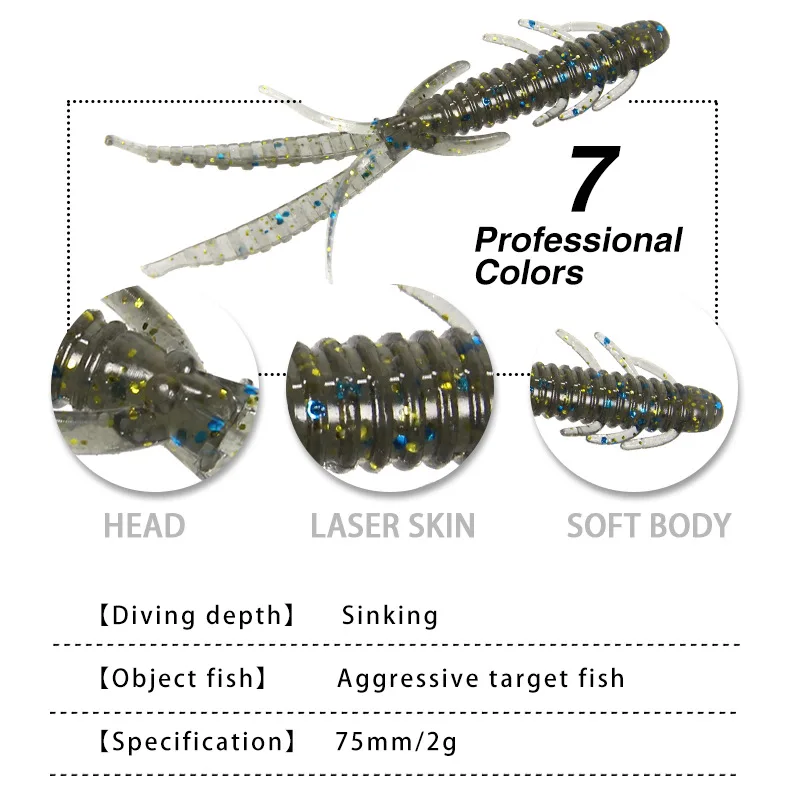 Señuelo luminoso Artificial para pesca de agua dulce, cebo Artificial de camarón blando que se hunde, 8 unids/bolsa, 2022 cm, 2g, novedad de 7,5 - imagen 5