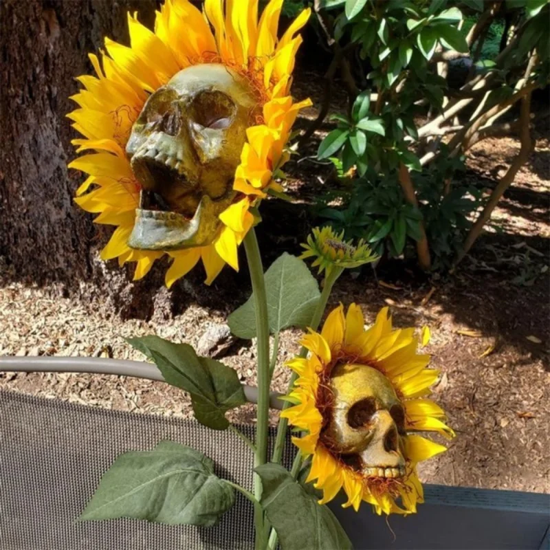 Cráneo espeluznante flores de girasol, artesanía de arte de Festival de Calavera, decoración de jardín, adornos de flores de simulación, decoraciones de Halloween - imagen 5