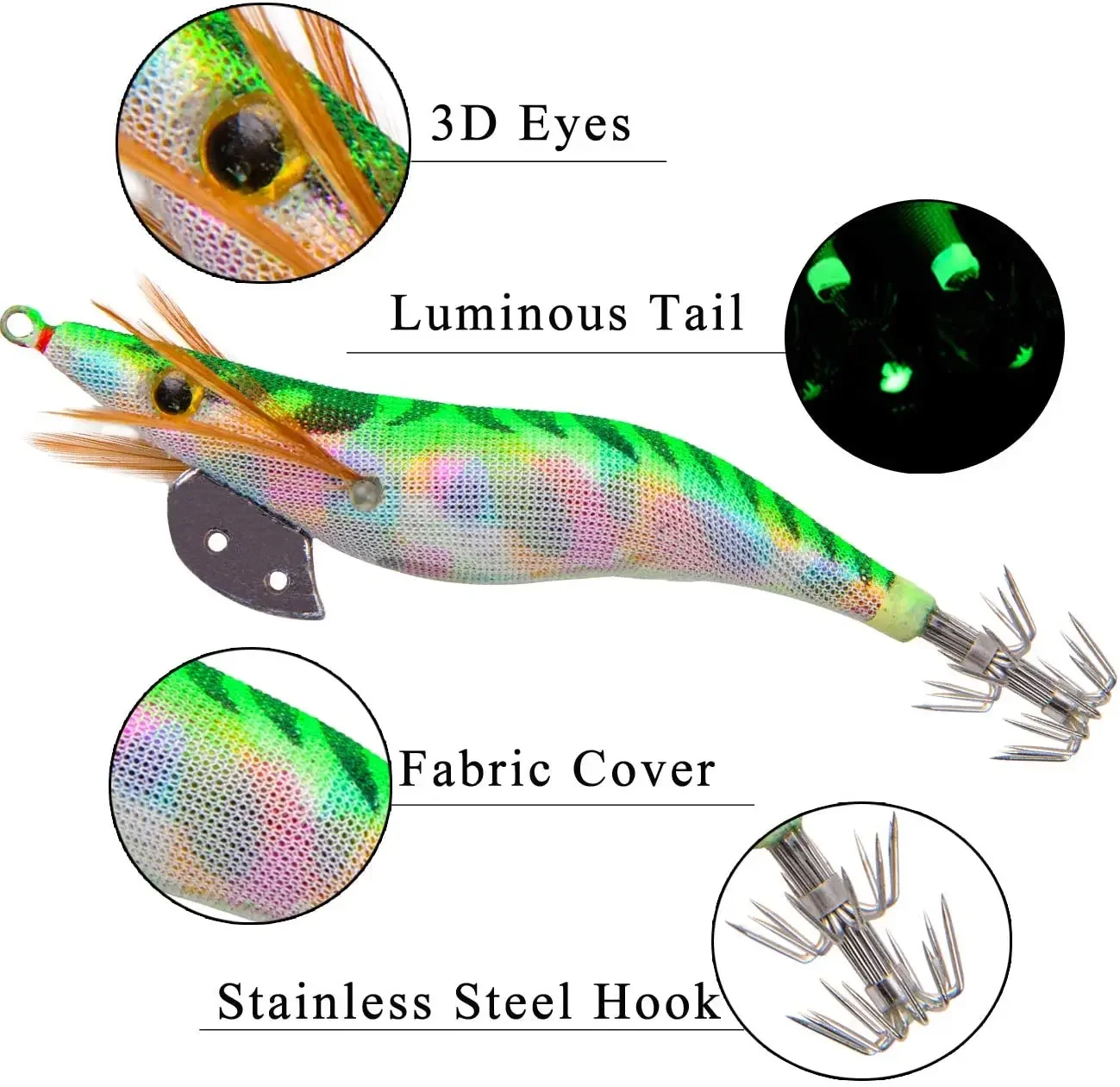 WHYY-señuelo de pesca de 10 unids/bolsa, anzuelo de calamar, JIg Sinker 2,5 #3 #3,5 #, cebos luminosos de mar, pulpo, sepia, camarón, ojos 3D - imagen 4