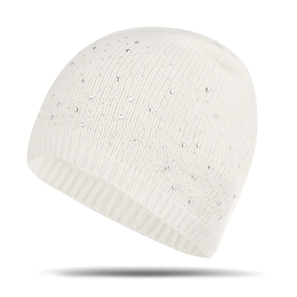 Gorro de punto informal, elegante y brillante para mujer, gorro de punto cálido de algodón, gorros con decoración de diamantes de imitación suaves, gorro Unisex - imagen 5