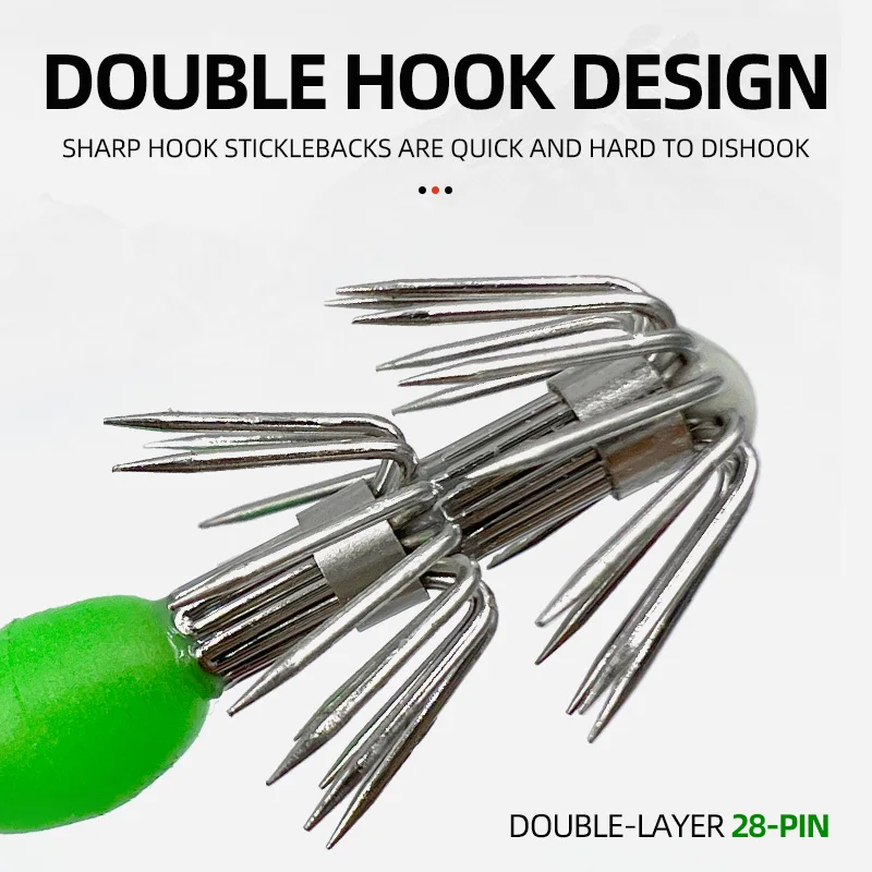 Anzuelo de paraguas de calamar de acero inoxidable, plantillas luminosas de calamar que brillan en la oscuridad, mango largo, anzuelos de calamar de doble capa para pesca - imagen 2