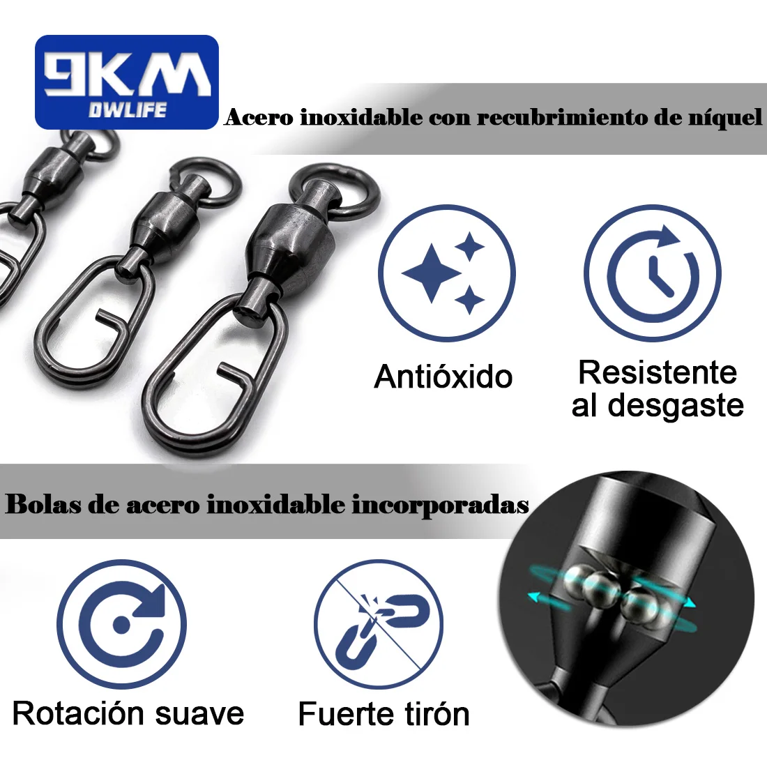 Giratorios de pesca a presión de 9KM, 25 ~ 100 Uds., anillo dividido, rodamiento de bolas de pesca, conectores giratorios de señuelo de pesca de carpa, Clip de alimentación a presión para agua salada - imagen 5